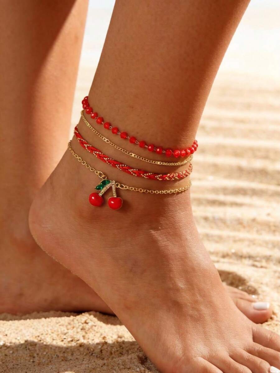 Set de 3 piezas + Set de 4 piezas Tobilleras de metal con strass en estilo minimalista y con diseño de cereza trenzada, regalo práctico para que las mujeres las usen a diario
