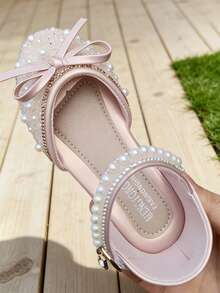 Girls' Party Shoes With Pearl Bow Detail And Ankle Strap, Elegant Girls' Outfit - Pink - View 2
