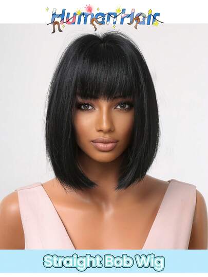 Short Straight Natural Black Pixie Cut Wigs For Women 180% Density Full Machine Straight Bob Wigs With Bangs No Lace Brazilian Human Hair Glueless Wigs With Bangs