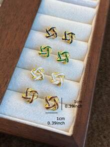 4 Pairs Minimalist Fashion Unique Design Elegant Knotted Glazed Earrings Set, Suitable For Casual, Gathering, Party Wear (Excluding Gift Box) - Multicolor - View 4