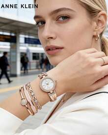 Anne Klein Bộ đồng hồ đeo tay cao cấp đính pha lê dành cho nữ, đồng hồ thạch anh, trang sức quà tặng cho bạn gái, vợ. - Hoa hồng vàng - Xem 2