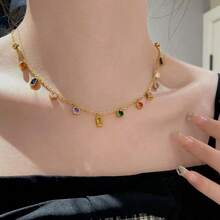 Set de 2 piezas de joyería lujosa y elegante, hecha de acero inoxidable chapado en oro de 18K, decorada con circonita cúbica multicolor, adecuada para que las mujeres la usen en vacaciones, fiestas y vida diaria - Multicolor - Ver 5