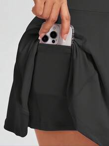 Falda de tenis de cintura alta para mujer con forro de pantalón corto y bolsillos laterales. - Negro - Ver 3