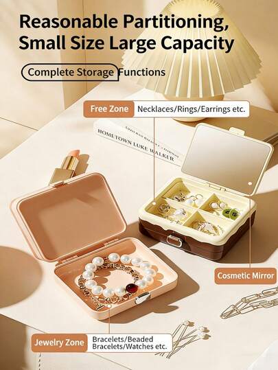 新款便携式首饰收纳盒带镜子，方便携带和取出，家用首饰收纳盒，多功能，家用首饰耳环项链盒包，邮轮必备品，旅行必备品，夏季度假必备品，分区收纳一目了然，告别杂乱。