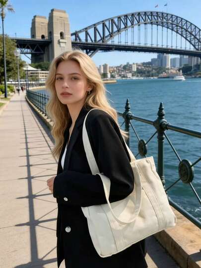 1pc Minimalist Canvas Tote Bag, Japanese Casual Style, Viral Ins Design, Versatile For Commuting, Large Capacity, Student, Niche Design, Suitable For School, Commuting, Shopping, Picnic, Beach, Library, Cafe, Gym, Supermarket, Urban Women Shoulder Bag, Beige Washed Canvas, Washable, Suitable For Valentine's Day, Mother's Day, Easter, Halloween, Thanksgiving, Christmas, New Year, Independence Day, St. Patrick's Day, Ramadan