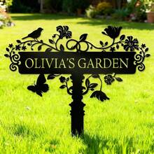 1pc Personalized Floral Design Garden Sign, Customized Garden Stake With Bird, Metal Yard Art For Outdoor Decoration, Personalized Name Mother's Gift, Gardening Gift, Housewarming Garden Bloom - Multicolor - View 9