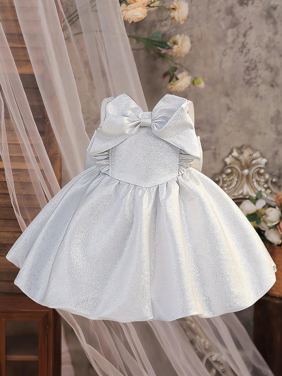 Baby Girls' Spaghetti Strap Bowknot Backless Glitter Tulle Lovely Birthday Party Princess Dress, Suitable For Formal Occasions, Parties, Excluding Headband