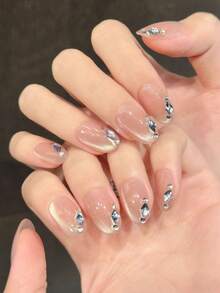 10片蓝色宝石手工按压式美甲贴片，裸粉色腮红美甲贴片，蓝色水晶珍珠假指甲贴片，中长椭圆形美甲贴片，春夏亚克力假指甲贴片，含果冻胶和指甲锉，DIY美甲用品 - 淺粉色 - 查看 2