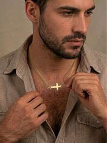 男士18K镀金304不锈钢侧十字架吊坠项链 - 简约男士链首饰，防褪色防水 - 彩色 - 查看 2