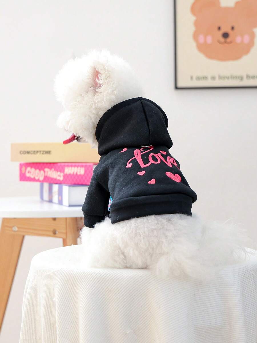 1pc Pet Clothes Dog Apparel Hoodie Outfit For Small Dogs - Pink Heart Sweatshirt - Black - View 1