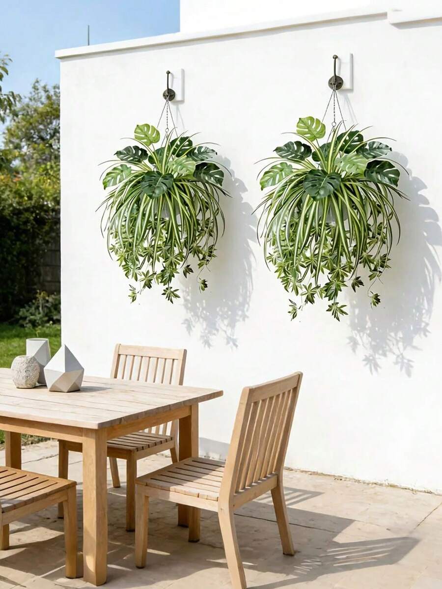 2pcs Set = Spider Plant + Peperomia, Nordic Style Artificial Hanging Greenery Peperomia Combination, UV Resistant Suitable For Outdoor Garden, Home Decor, Art Decor, All-Year Round Artificial Plants, Palm Leaves And Other Seasonal Holidays, Multi-Functional Decor, Planter Not Included - Green - View 1