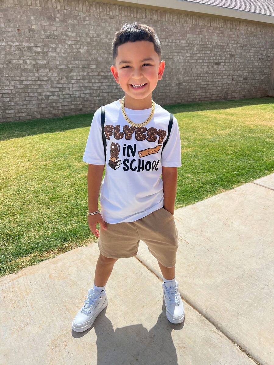 Boys' Cotton Round Neck T-Shirt, Casual And Comfortable Spring And Summer Short-Sleeved Printed Top - 白色 - 查看 1