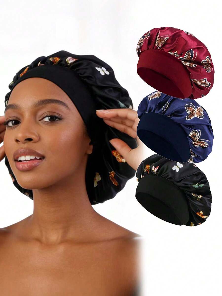 蝴蝶印花缎面睡帽 女士夜间发帽 柔软宽边发套 卷发护理 - 彩色 - 查看 1
