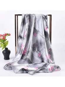 1pc Elegant Artistic Lotus Flower Print Faux Silk Women's Square Scarf, Casual Sun Protection Headscarf - Grey - View 5