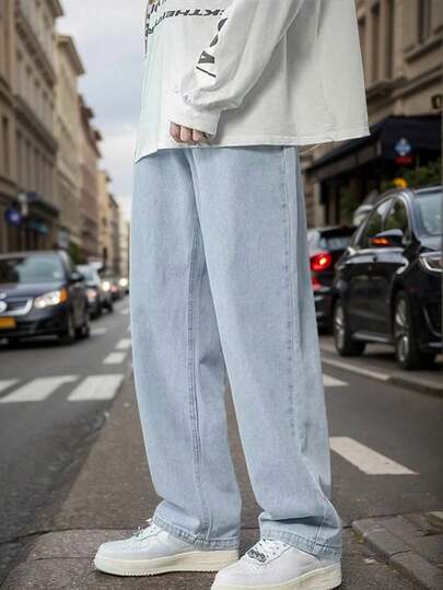 Vaqueros de hombre de color liso con pierna recta, vaqueros informales sueltos