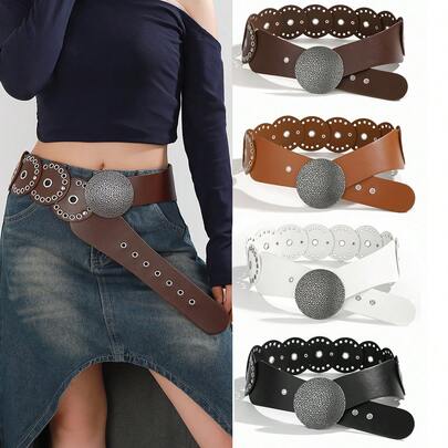 1pc Western Cowboy Belt With Unique High-End Round Rivet Design, A Versatile Decorative Belt For Both Men And Women, Suitable For Dresses / Sweatshirts / Coats, Ideal For Daily Commuting, Shopping, And Travel, A Great Gift For Birthdays And Mother's Day