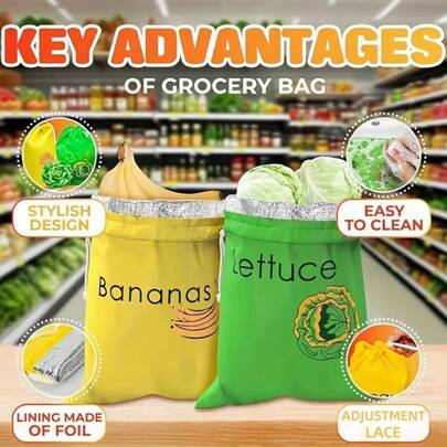 2pcs Banana & Lettuce Produce Bags, 3-Layer Aluminum Foil Lining With Drawstring, Suitable For Refrigerator/Freezer, Breathable & Washable Vegetable/Fruit Freshness Bags