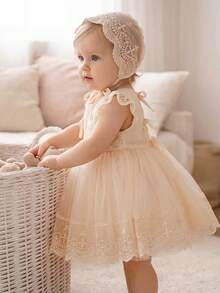 女婴香槟色洗礼服，蕾丝刺绣优雅薄纱派对礼服，飘逸袖子，可爱蝴蝶结公主裙，适合女孩生日派对、婚礼、舞会、节日庆典等场合。 - 香檳色 - 查看 7