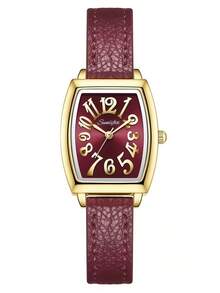 1pc Luxury Retro Women's Quartz Watch, Barrel-Shaped Dial With Gold Arabic Numerals, Gold-Plated Alloy Case, Elegant Minimalist Style Suitable For Daily Wear, Office, Party, Wedding And Other Occasions - Red - View 4