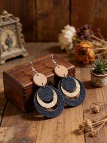 复古木质牛仔蓝色圆形耳环，波西米亚风闪亮牛仔多层独特设计耳环 - 牛仔藍 - 查看 4
