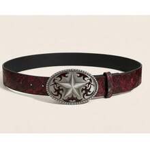 1 pieza Cinturón casual de estilo vintage occidental para hombres con hebilla metálica en forma de estrella de cinco puntas, patrón de relieve floral irregular en color aleatorio, adecuado para uso diario - Rojo en relieve - Ver 7