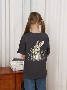 Young Girl Casual Funny Print Round Neck Short Sleeve T-Shirt, Summer Top - Dark Grey - View 2