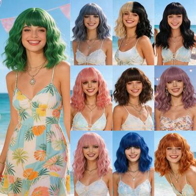 Multi-Color Short Wavy Wig With Bangs, Dopamine Colorful Curls, Heat Resistant Synthetic Hair, Comfortable To Wear, Easy To Maintain, Perfect For Summer Beach, Party, Music Festival, Y2K, Cosplay, K-POP And Daily Wear