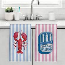 MEMNUN 2条夏季蓝粉条纹龙虾沙丁鱼罐头食品图案印花厨房巾，可作餐巾、手巾、抹布使用，尺寸为15.75*23.62英寸（40*60厘米），超柔软吸水超细纤维材质，现代厨房配件，可机洗，适用于餐厅、厨房、节日装饰和礼品，四季皆宜。 - 彩色 - 查看 10