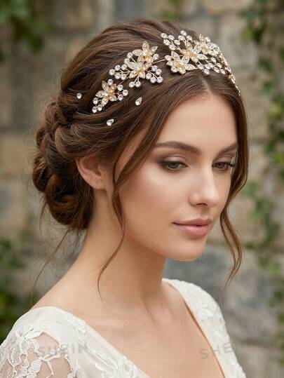 1pc Bridal Wedding Golden Sparkling Crystal Floral Headband, Handmade 3D Shiny Hair Hoop, Party & Evening Hair Accessory, Hair Clip Included