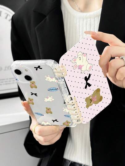 1pc Cute Rabbit & Bear Notebook Style Phone Case, Kawaii Pink Polka Dot Bow Book Cover, Thick Transparent TPU Anti-Drop Protective Case, Suitable For Daily Use Or Gift, Compatible With IPhone 11/12/13/14/15/16/16 Plus/17/17 Pro/17 Pro Max And Galaxy S24 Ultra/A25/A55 5G/S25