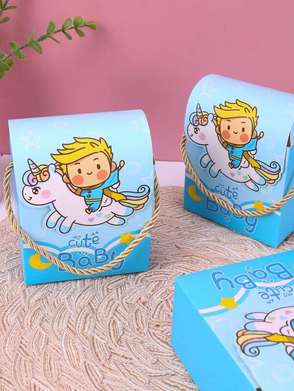 10pcs Baby's One-Month-Old Gift Box, Cute Cartoon Boy And Girl Riding Horse Printed Packaging Bag, Suitable For Wedding Gift Box Packaging, Baby Gift Giving Occasions, And Guest Return Gifts For Birthday Parties