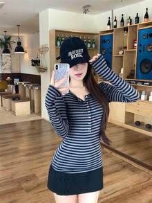 Áo thun dài tay kẻ sọc mới dành cho nữ, kiểu dáng ôm sát, thích hợp mặc mùa xuân. - Sọc xanh xám - Xem 2