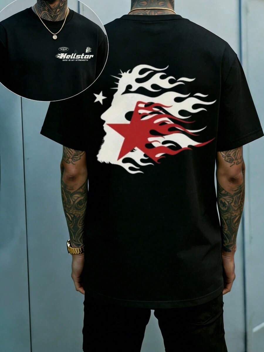 Hellstars Star Fire Hair Flag Vintage T-Shirt Double Sided Printed (220g 100% Cotton T-Shirt),Summer Clothes, Men's Tops, Casual And Comfortable, Fashionable Graphic Tee, Unisex Style - Black - View 1