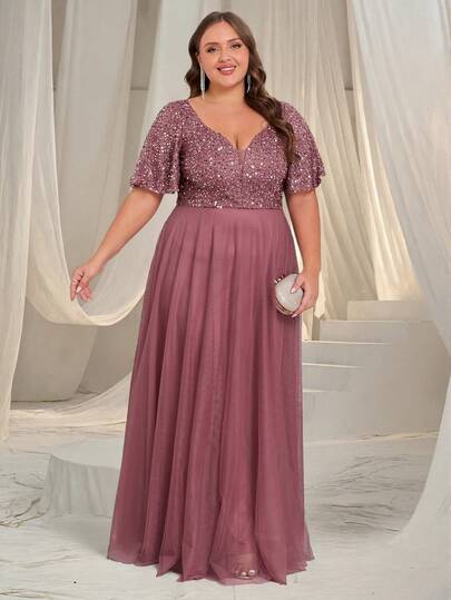 Plus Size Women's V-Neck Ruffle Sleeve Sequin Mesh A-Line Bridesmaid Dress, Formal Party Gown, Elegant Cocktail Dress, Suitable For Wedding Guest, Graduation Ceremony, Holiday Dinner And Other Occasions
