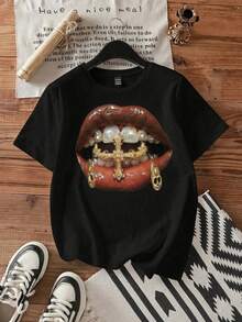 Women's Loose Graphic T-Shirt, Lips & Cross Print, Rhinestone Teeth Grillz, Y2K Hip-Hop Streetwear, Soft Breathable Fabric Casual Summer Top - Black - View 4