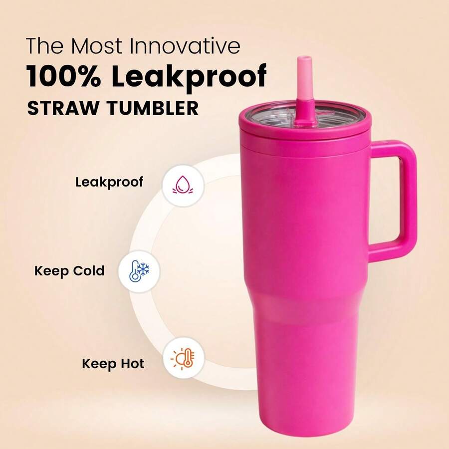 Cốc/ly du lịch bằng thép không gỉ chống rò rỉ 40oz có nắp, ống hút và tay cầm, thích hợp cho đồ uống nóng và lạnh, cốc có ống hút 40oz, cốc bia cách nhiệt bằng thép không gỉ, cốc đá có tay cầm thế hệ thứ 5 - Nhiều màu - Xem 1