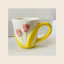 Taza de cerámica con tulipanes y asa verde - Amarillo - Ver 2