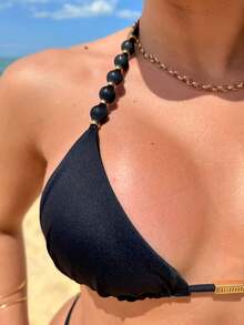 Jade Bikini With Pearls, Luxury Beach Set For Women, Summer, Bathing, And Sea - 黑色 - 查看 4