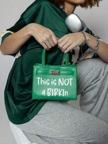 Tote&Carry Women's Y2K Baddie Sassy Letter Print Mini Tote Bag, Vibrant Green PU Leather Crossbody Top Handle Purse, This Is Not A Birkin Ironic Luxury Parody Statement Handbag For Spring Festival Concert Party - 綠色 - 查看 8