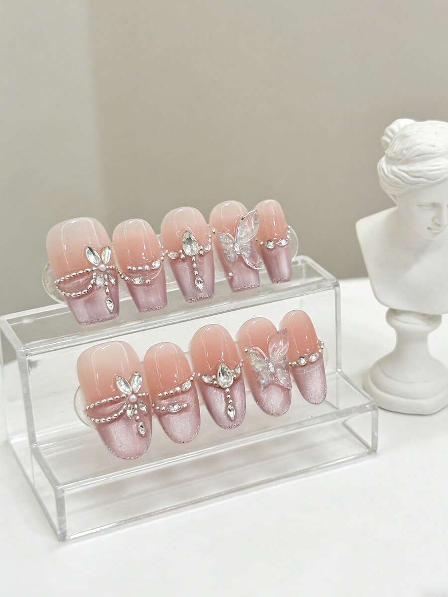 10 miếng dán móng tay hình bướm 3D thủ công dành cho cô dâu, màu hồng nude ombre đính đá pha lê hình bướm, dáng oval/coffin, phù hợp cho cô dâu dự đám cưới mùa xuân/hè, lễ hội âm nhạc, kèm keo và dũa móng, dụng cụ làm móng DIY. - Màu Hồng baby - Xem 1