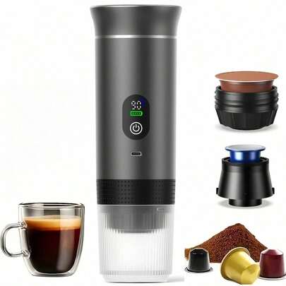Macchina da caffè portatile a doppio uso, 72W con batteria da 2500mAh*3, dotata di display della temperatura a LED, per bevande calde e fredde, controllo a pulsante semplice da usare, macchina con riscaldamento USB-C, adatta per macinare caffè e capsule, ideale per casa, ufficio, campeggio, auto e viaggi. Regalo di San Valentino.