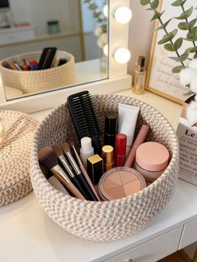 1pc Handwoven Bohemian Style Round Storage Basket With Lid. Linen Style, Multi-Purpose Suitable For Various Occasions. Suitable For Storing Toys, Cosmetic Tools, Eggs, Vegetables, Etc. A Great Gift For Parents Or Party Storage Items.