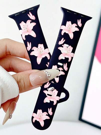 1 pieza Correa de reloj de silicona compatible con Apple Watch de 38 mm, 40 mm, 41 mm, 42 mm, 44 mm, 45 mm, 49 mm (S10 42) mm (S10 46) mm para mujer, con estampado de flor de lirio y mariposa, de estilo elegante y sencillo, de silicona suave, adecuada para atuendos, uso diario y vacaciones.