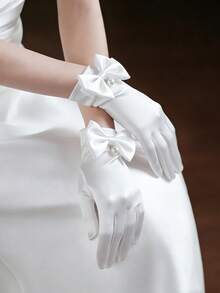 1 par de guantes de novia de satén blanco, decorados con un lazo de perlas falsas y cristales, adecuados para bodas elegantes, ópera, fiestas de té, verano, playa - Multicolor - Ver 3