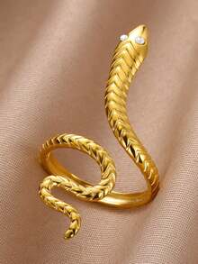 1枚不锈钢蛇形戒指，男女通用，可调节开口设计，复古哥特式派对美学配饰 - 金黃色 - 查看 4