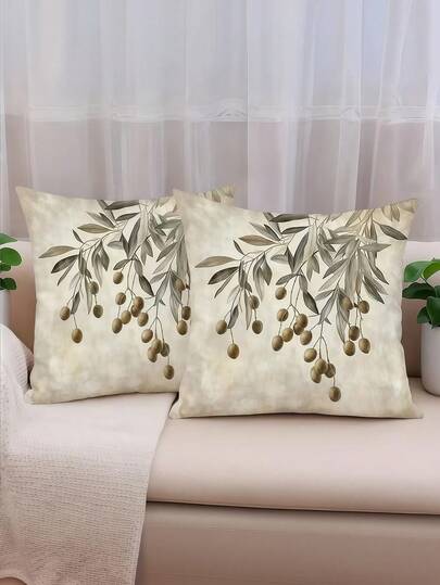 1/2/4 pezzi Federe per cuscini decorativi con stampa di ramo d'olivo e motivo floreale - Beige e marrone, artistiche, stampa su un lato, chiusura con cerniera, lavabili in lavatrice, adatte per soggiorno, camera da letto, divano, decorazione del letto (Imbottitura non inclusa)