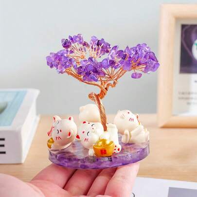 1PC Natural Reiki Crystal Tree With Lucky Money Cat – Chakra Healing Gemstone, Energy Decor For Home & Office Desk