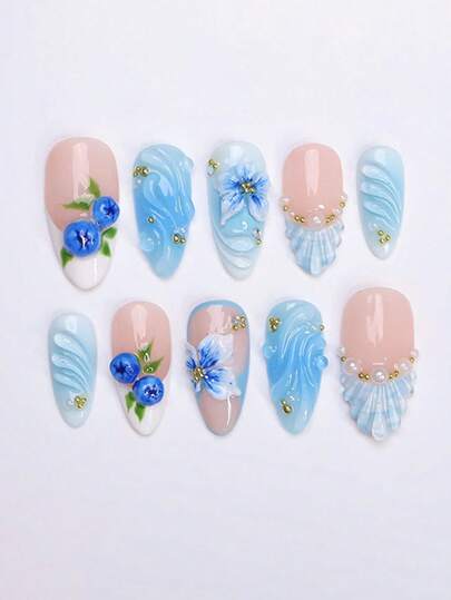 Y2K Handmade 3D Resin Blue Ombre Floral Pearl Rhinestone 10pcs Short Almond French Fake Nails, Suitable For Any Occasion
