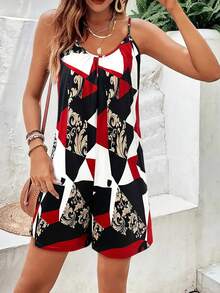 Women's Geometric Print Pocketed Loose Casual Romper Summer Elegant - Red - View 2