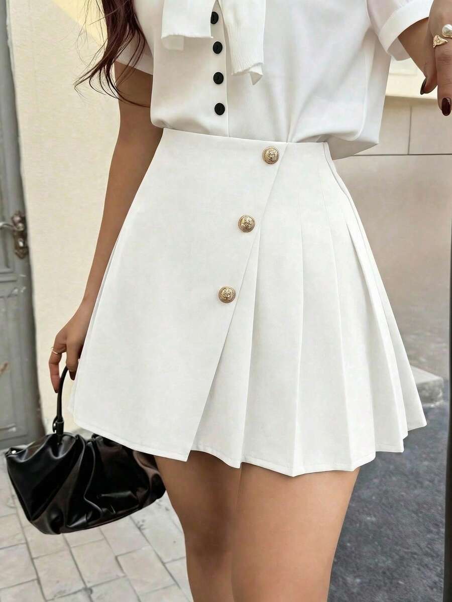 EARO 女士黑色不对称百褶迷你裙，高腰金属纽扣装饰 A 字防走光短裙，优雅通勤约会百搭夏季单品 - 白色 - 查看 1